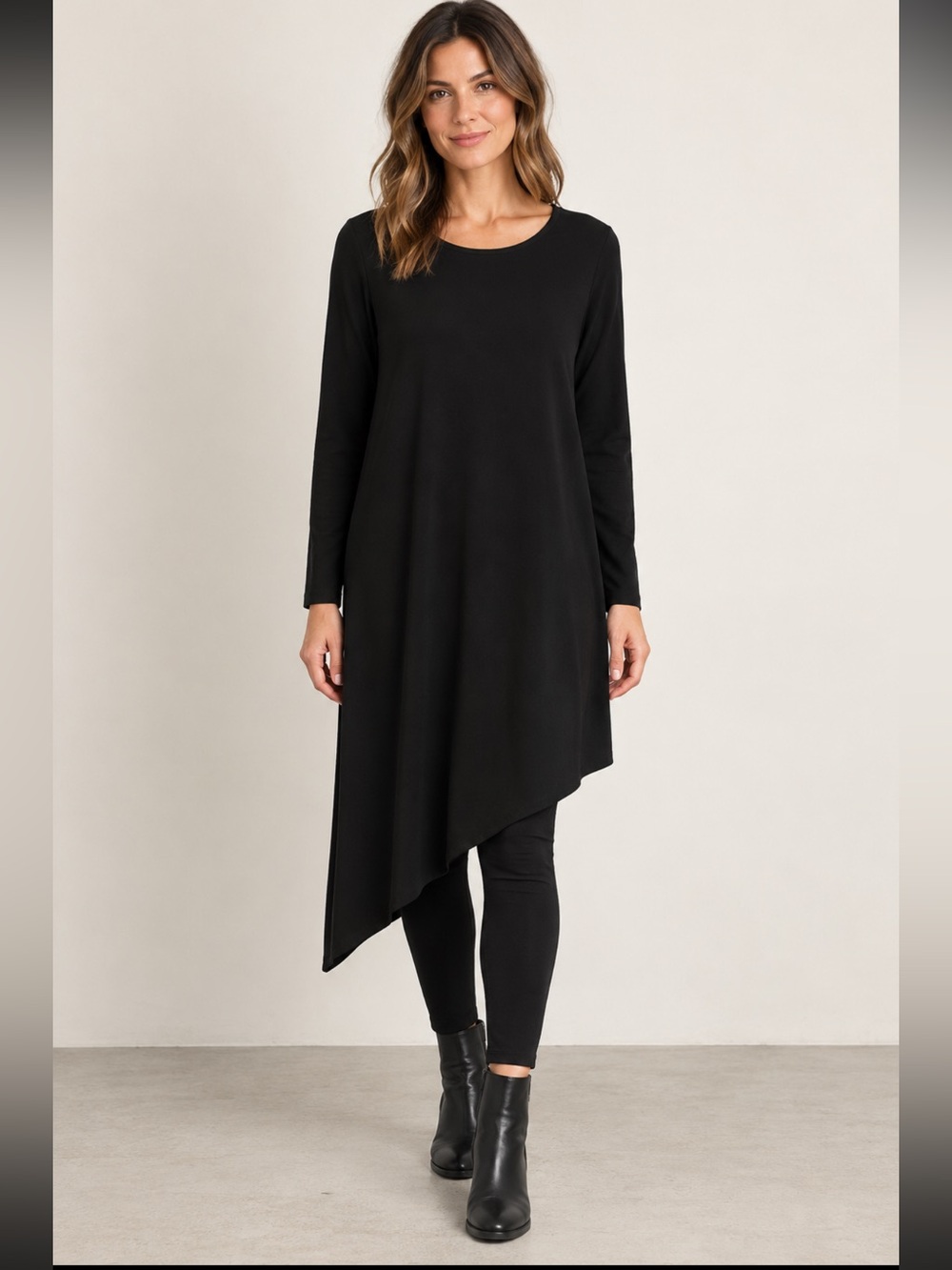 Bryn Walker Black Asymmetrical Hem Long Sleeve Tunic Dress Made in USA